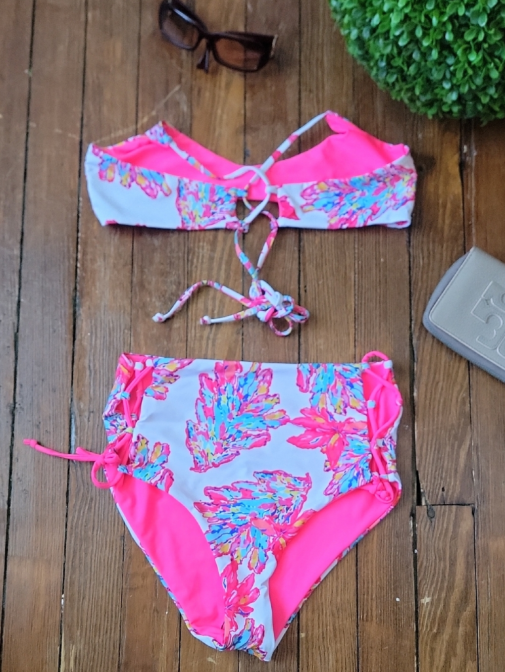 SHEIN Pink Multicolor Floral High-Waist Bikini Set